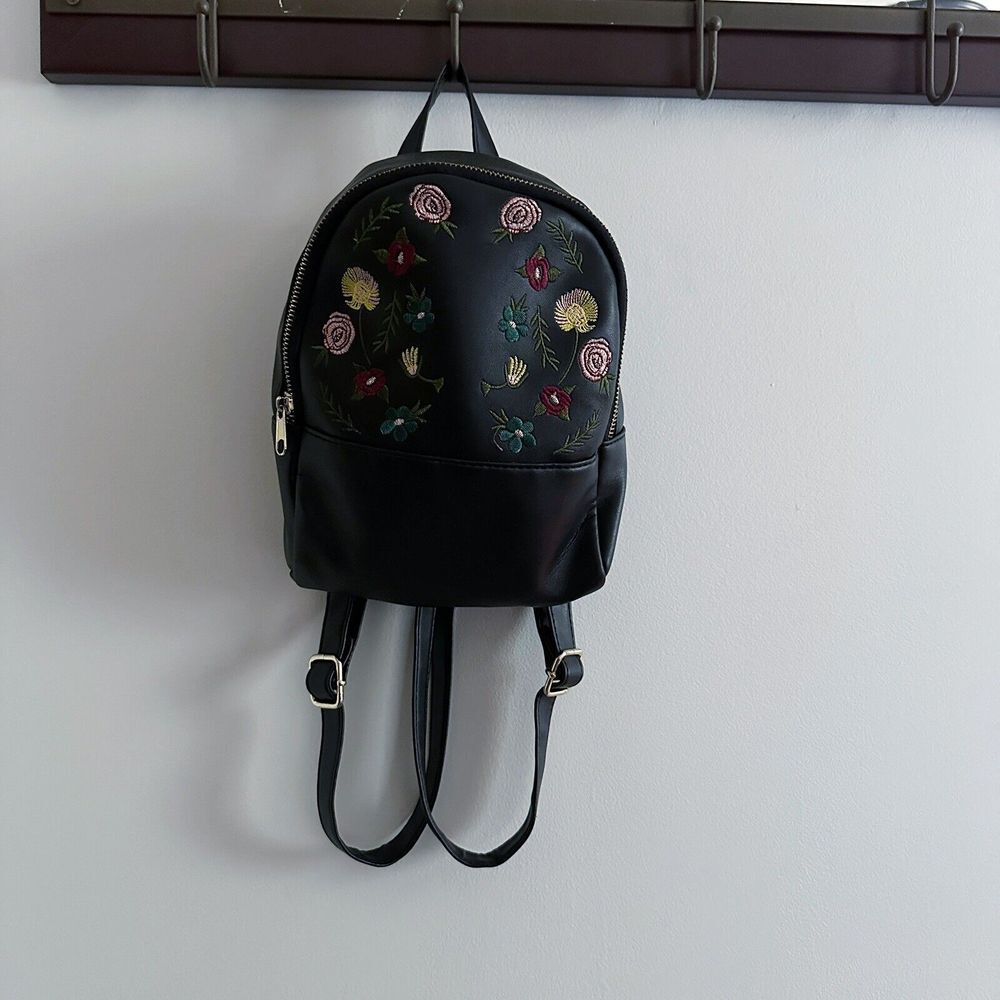 Small Mini‎ Floral Faux Leather Black Backpack Art Inspo Embroidered Flowers